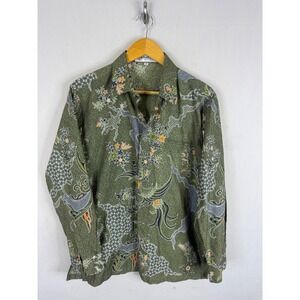 Batik Keris Mens Long Sleeve Button Up Shirt Olive Green Cotton Print Size 16